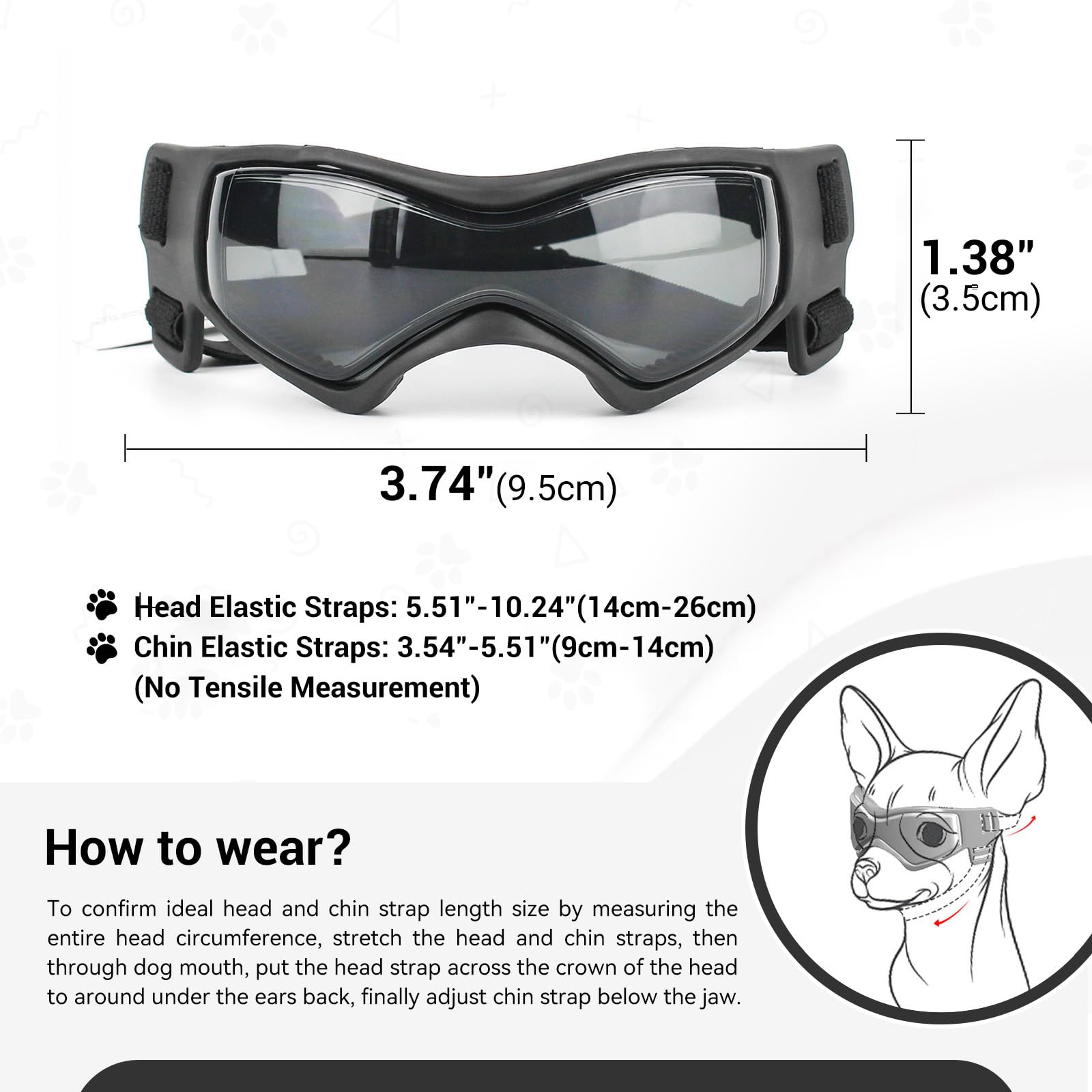 Occhiali da sole per cani per razze extra piccole, protezione UV, antivento, taglia XS, con cinghie regolabili per testa e mento, per auto, escursionismo, viaggi, spiaggia, nero