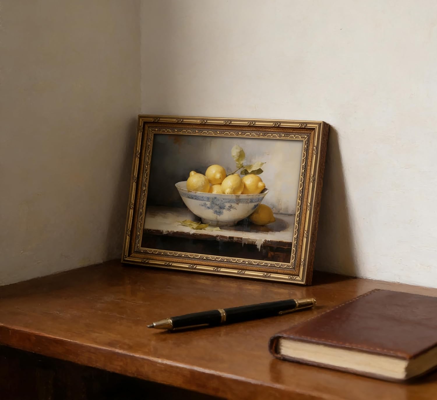 Vintage Gold Framed Kitchen Wall Art Retro Rustic Farmhouse Painting Canvas Picture Wall Decor Yellow Lemon Still Life Antique Fruit Poster PrintArtwork for Living Room Bedroom Home Decoration