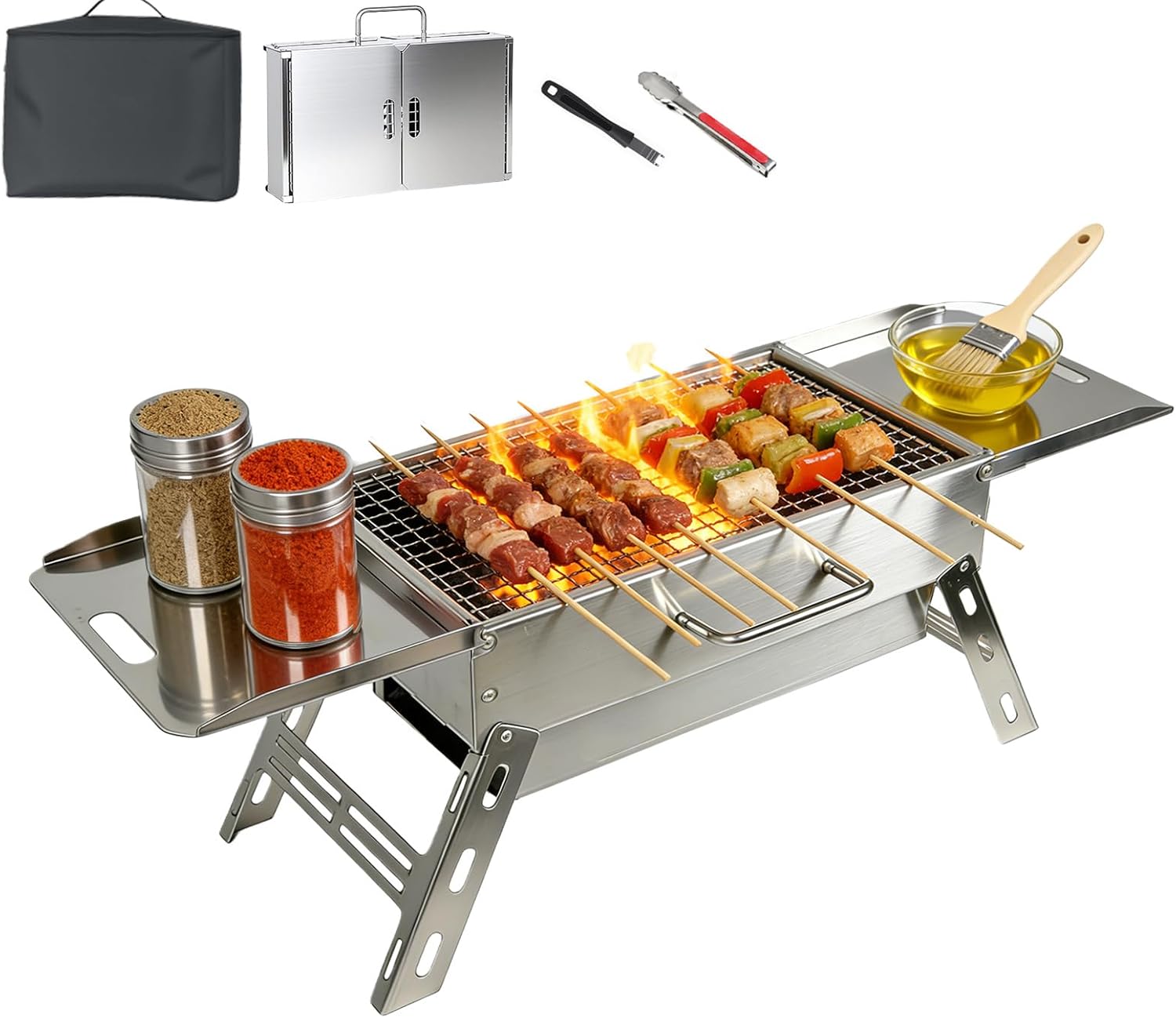Portable Tabletop Charcoal Grill, Foldable Stainless Steel Mini BBQ Grill with Carry Bag, Lightweight Small Camping Picnic Travel Tailgating Patio Grill