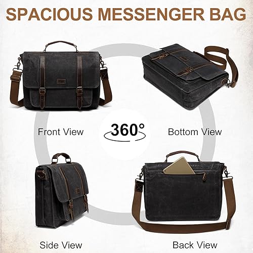 Miniatura 7 de Bolso de mensajero para ordenador portátil, bolso de hombro, cartera de la lona encerada de Kasqo 15.6 pulgadas para negocios, con la correa