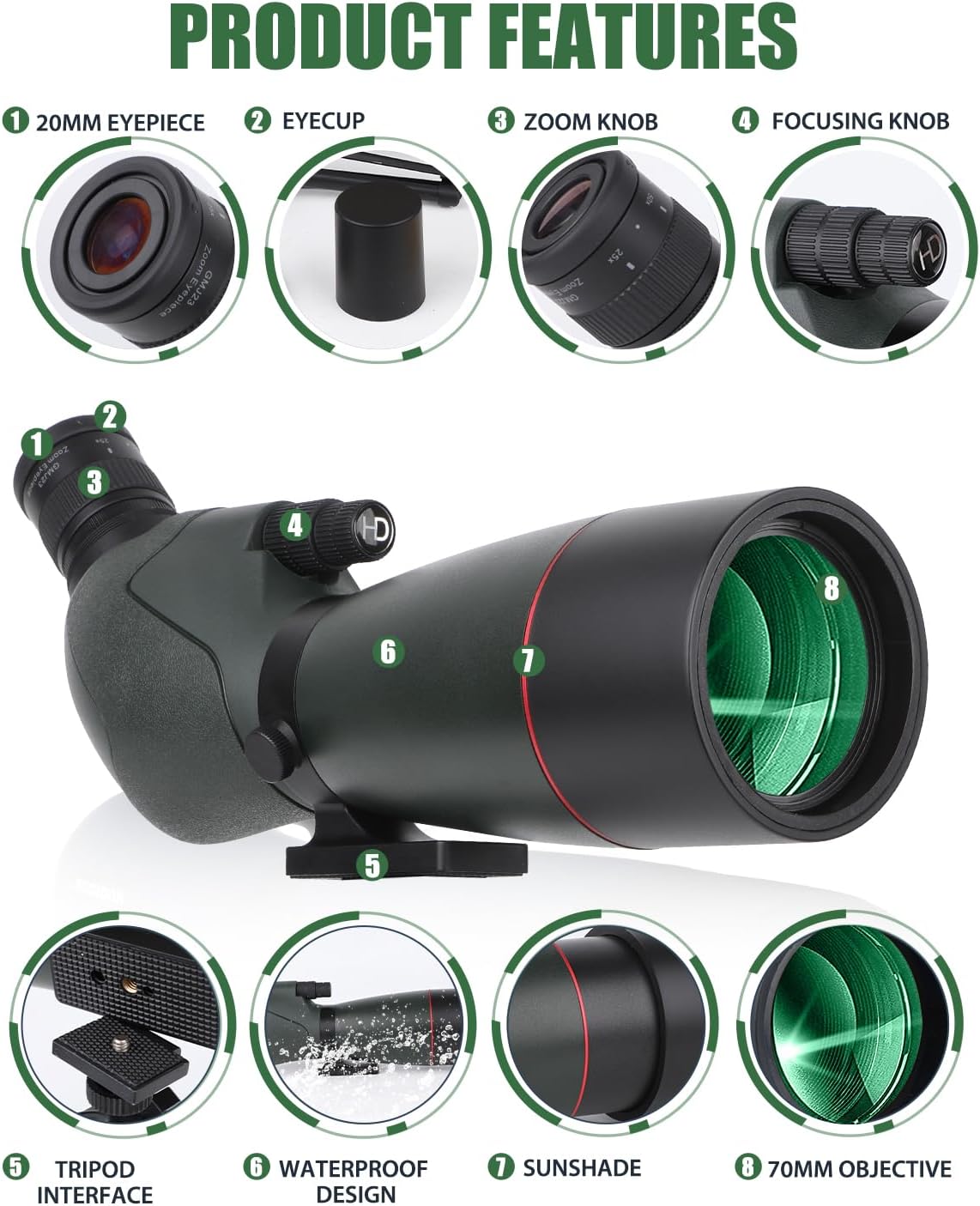 Зрительная труба телескоп Ultra HD 25-75X70 двойная фокусировка HD водонепроницаемая зрительная труба с объективом FMC призмы BAK4 в комплекте с чехлом для транспортировки и штативом для спортивной стрельбы и охоты
