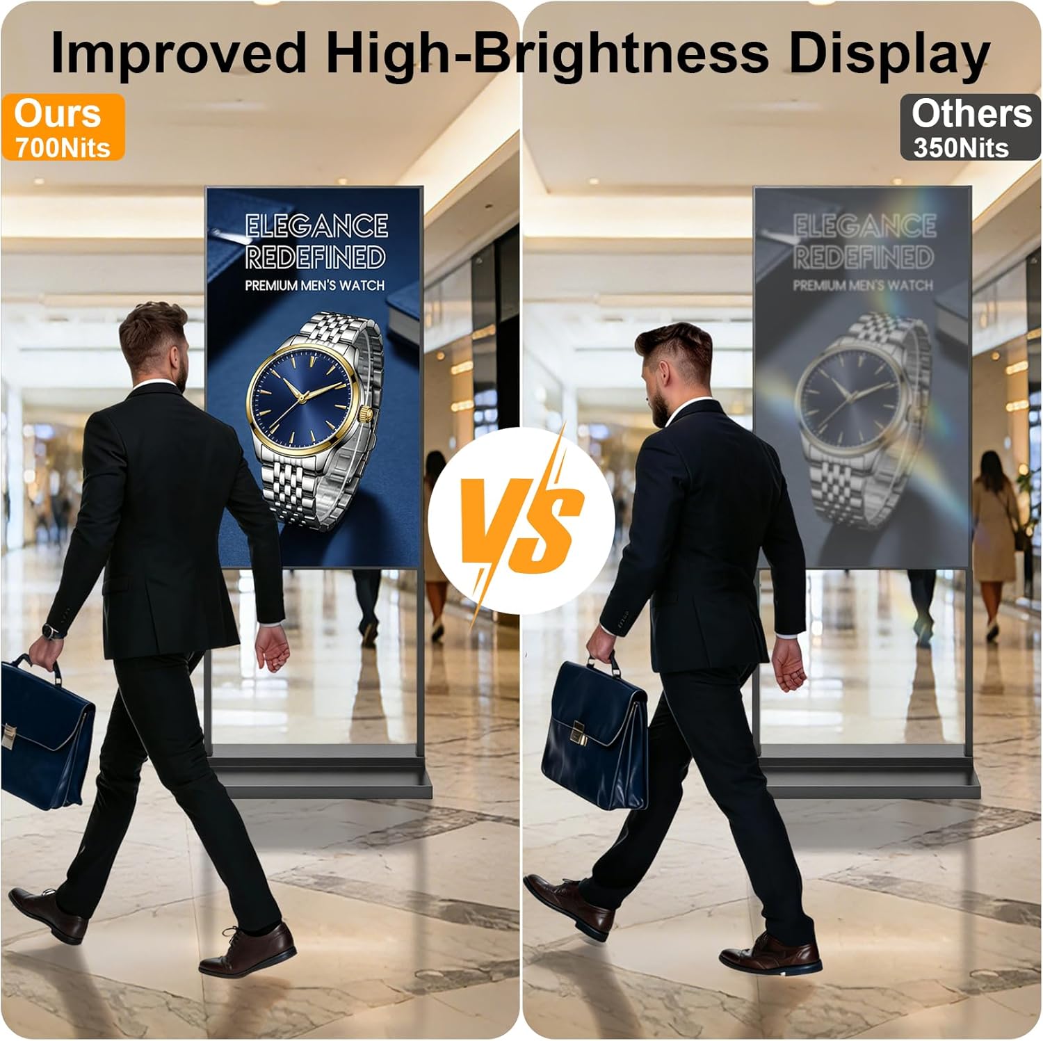 43 Inch Floor Standing Digital Signage, 700nits High Brightness Advertising Display, Digital Signage with CMS/U-Disk Plug&Play, Split Screen, 7/24 Timer Switch,HDMI/USB/WiFi/Android OS