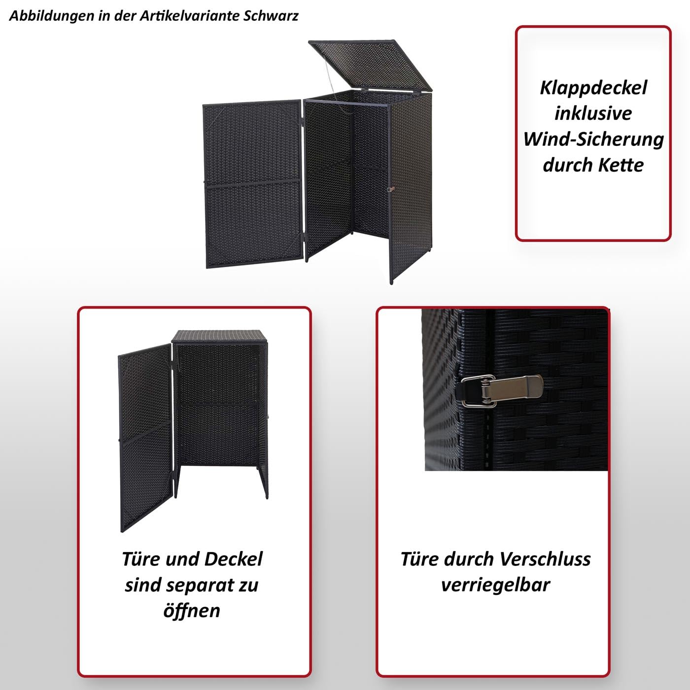 PROREGAL Mülltonnenverkleidung, HxBxT 110x65x66 cm, Poly-Rattan 120l, Schwarz, Mülltonnenbox Mülltonnenabdeckung