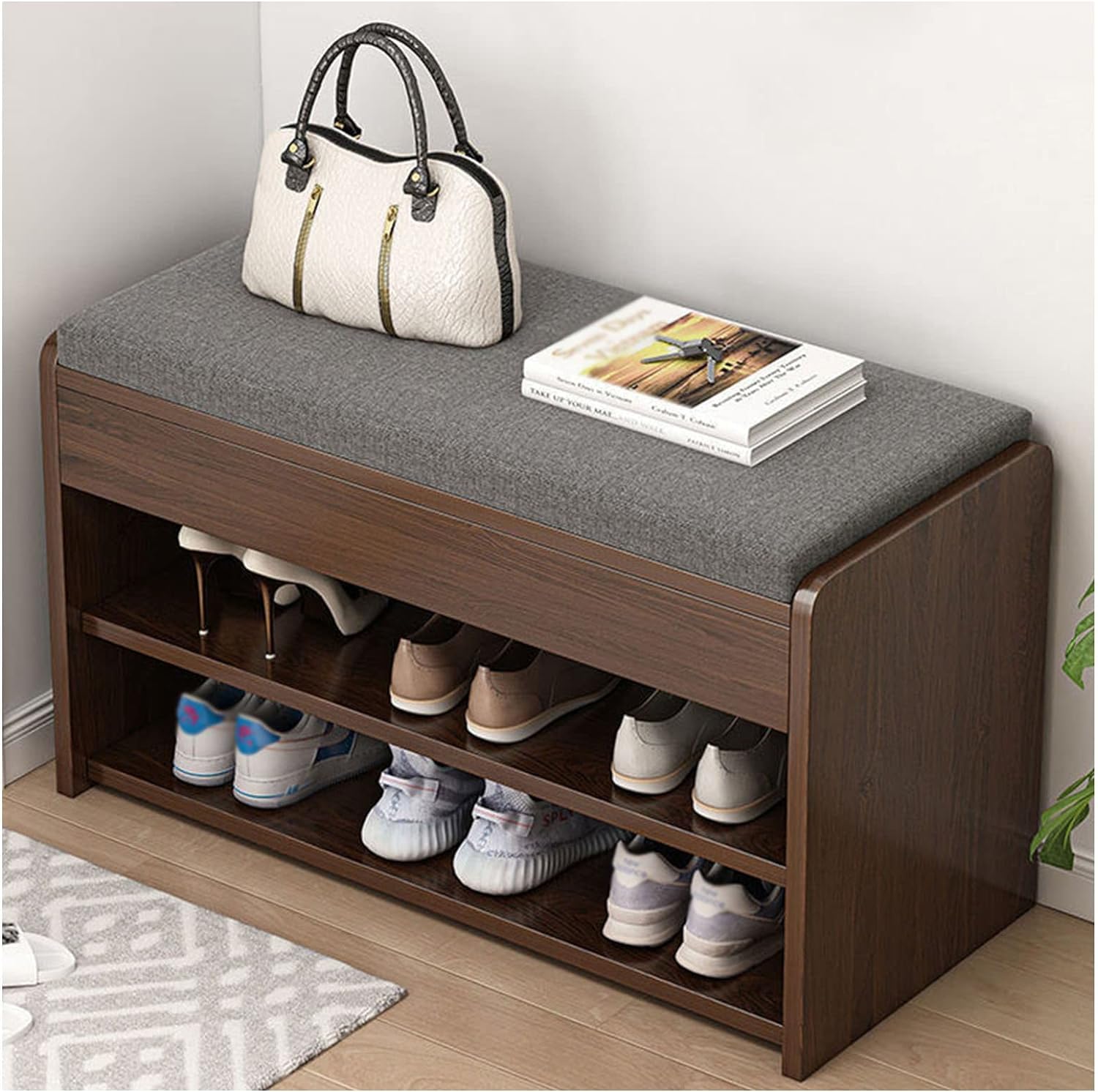 Meuble à chaussures avec repose-pieds rembourré pour un essayage confortable et pratique