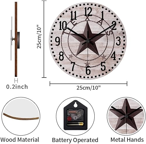 Miniatura 2 de Reloj de pared redondo de 10 pulgadas con estrella de Texas occidental, reloj de pared decorativo de madera antigua, sin tictac, funciona con pilas,