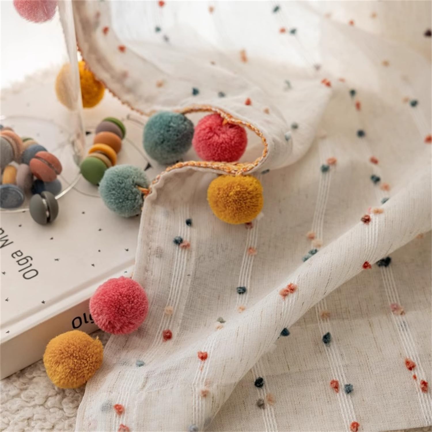 Rideaux Transparents Bohème Arc-en-Ciel avec Pompons, Filtre Lumière, Imitation Lin Rayures, Passe-Tringle pour Chambre Enfant