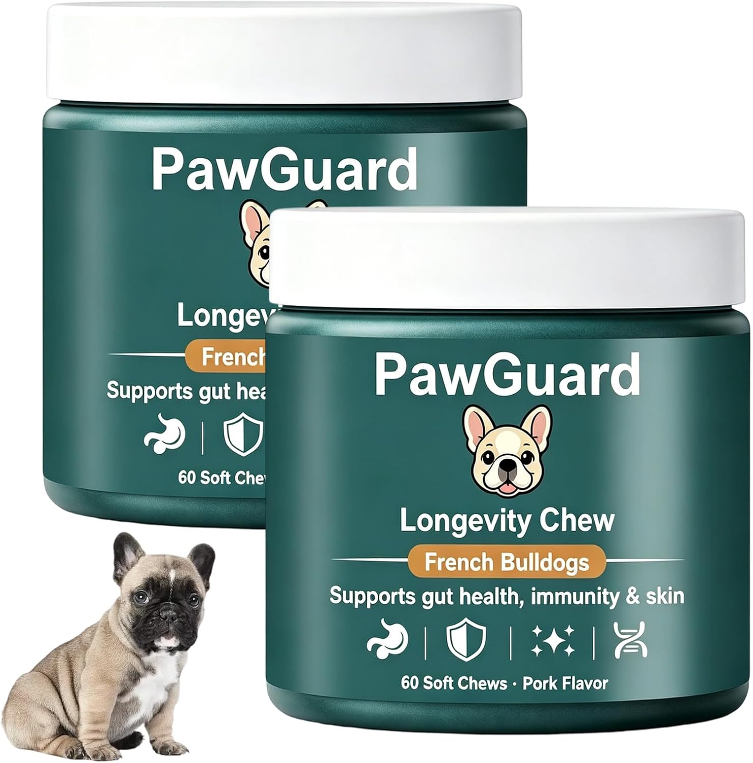 PawGuard French Bulldog Longevity Chews, Breed-Specific Formula for Gut Health, Skin & Coat, Immune System, Joint Mobility Pork Flavor, 60 Count Probiotics Chews (2 PCS)