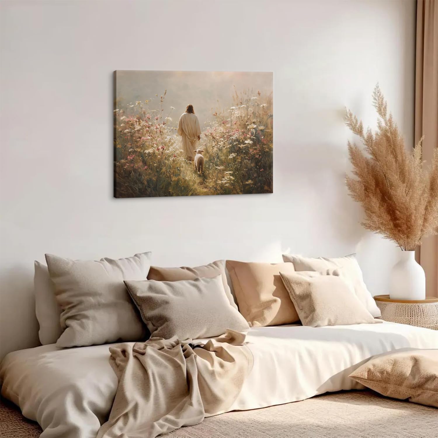 Jesus Leaves the 99 Sheep Wall Art The Lost Sheep Bible Stories Painting picture Wall Decor religion Christian Wildflowers Poster Print Artwork for Church LDS bedroom Living Home Decor 16x24 in Canvas