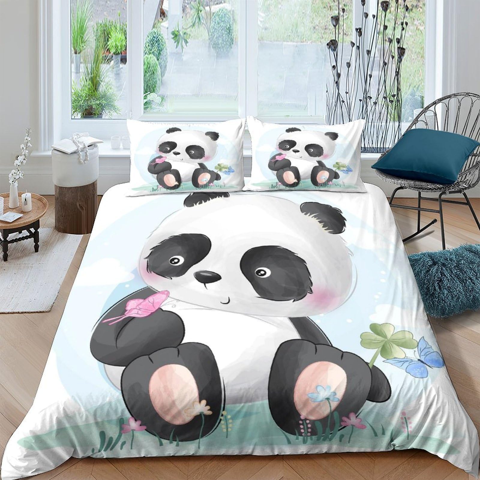 TUFRTGYHN 3D Printed Cute Panda Duvet Cover Set Microfiber Soft Breathable Cartoon Animal Bedding with 2 Pillowcases for Bedroom Decor Single（135x200cm）