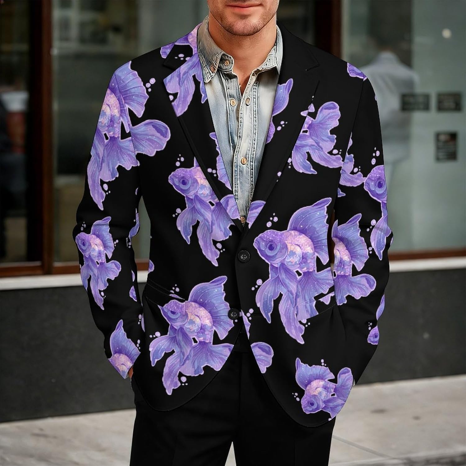 Glittery Shiny Fish Suits Blazer for Men Two Buttons Business Jacket Coat Wedding Dinner Party