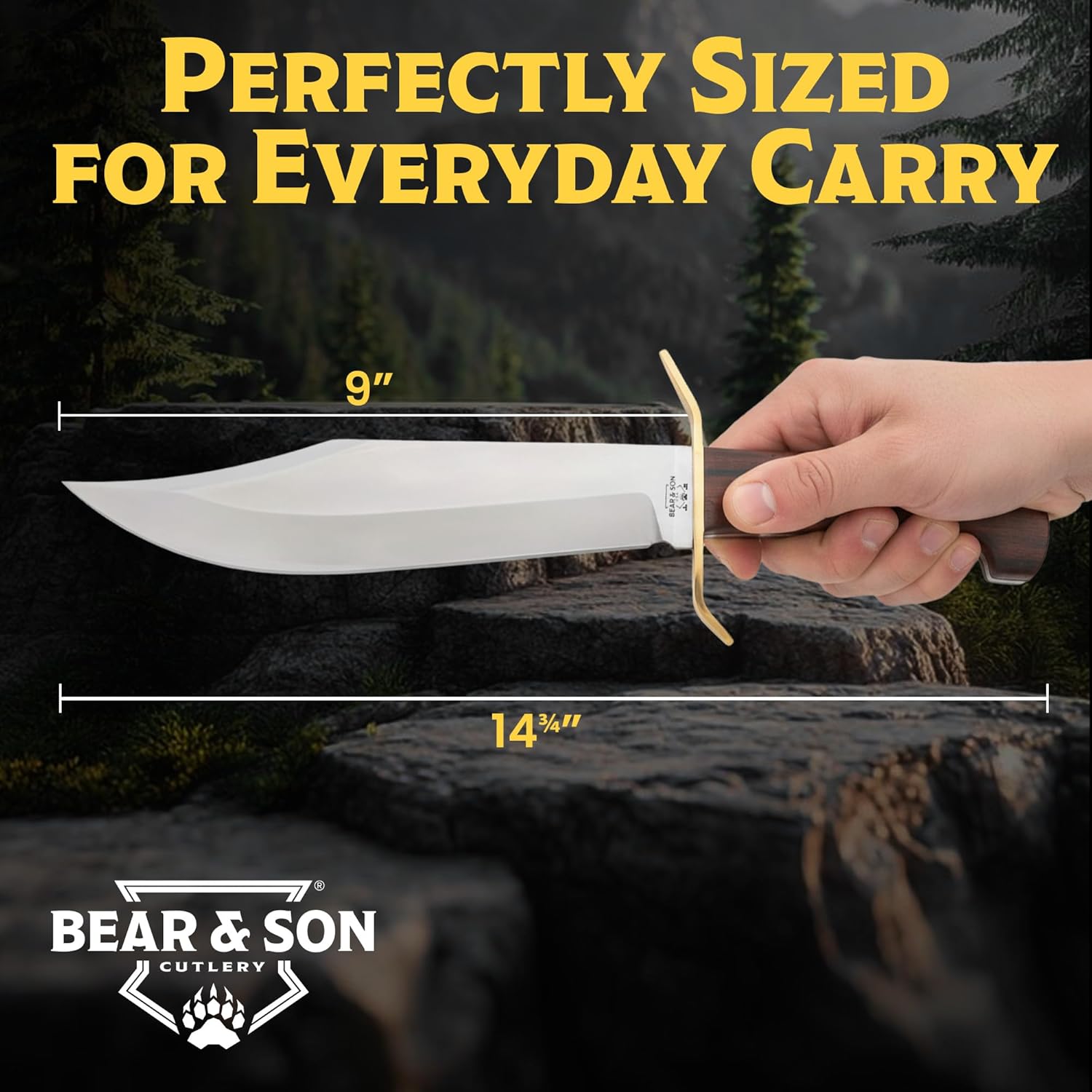 Bear & Son Durable Gold Rush Bowie Knife – 14.75" Full Tang Fixed Blade with Sandvik 12C27M Stainless Steel, Cocobolo Wood Handle, Brass Guard & Leather Sheath for Hunting, Survival & Outdoor Use