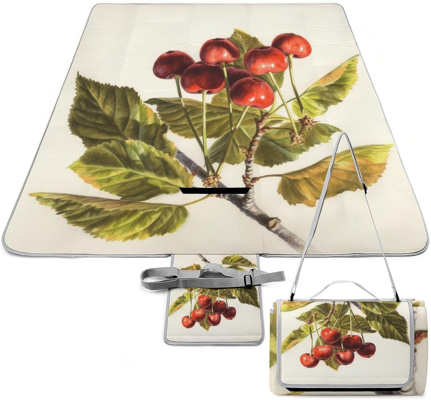 Art Cherry Painting Waterproof Picnic Blanket 58.3''x58.3'',Portable and Foldable Picnic Mat with Handle,Outdoor Blankets for Lawn Park Beach Travel