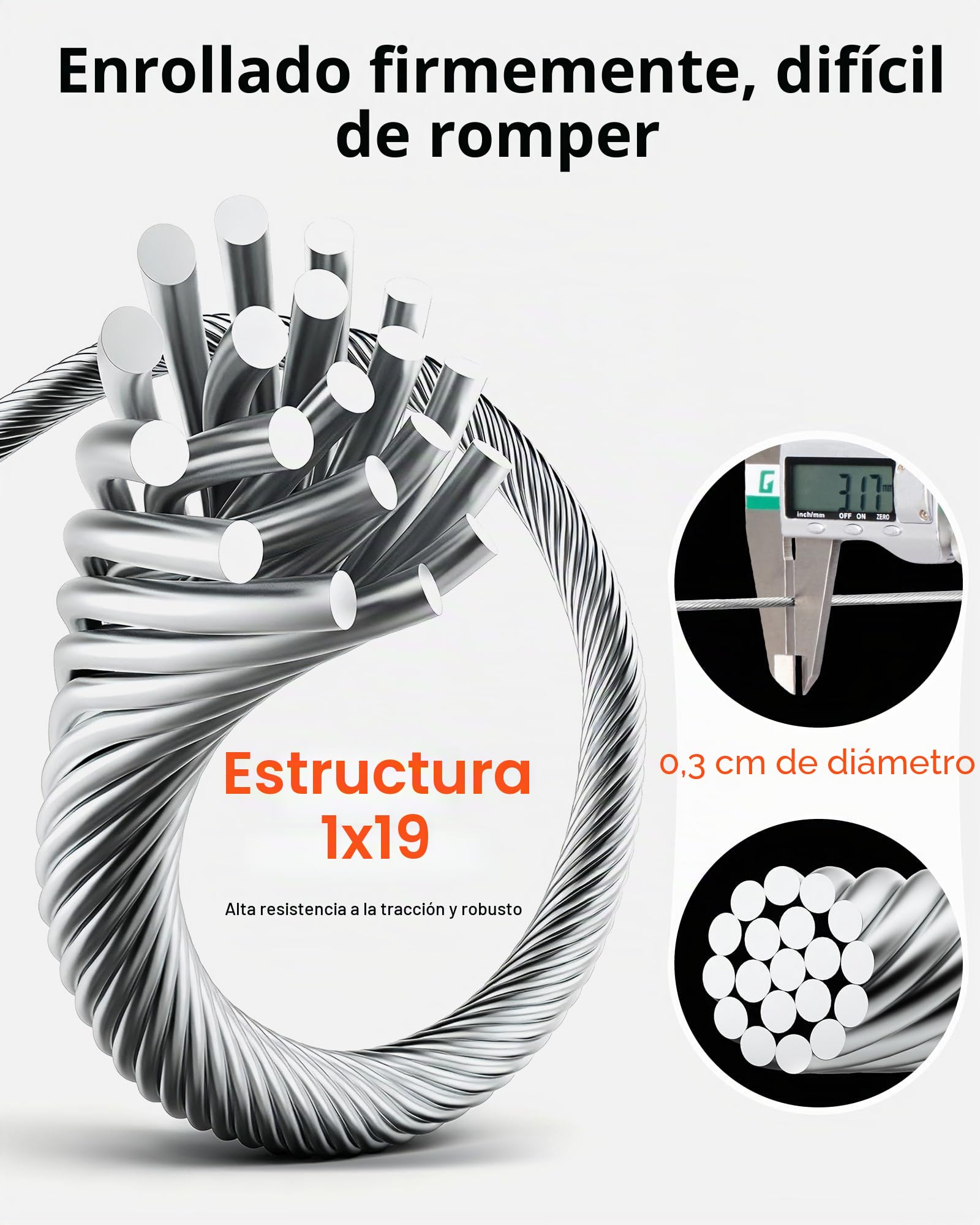 Cable metálico, cable de acero T316, cuerdas de remolque de acero inoxidable 316 con gancho 2T para camión de remolque plano (300 m 1 x 19)