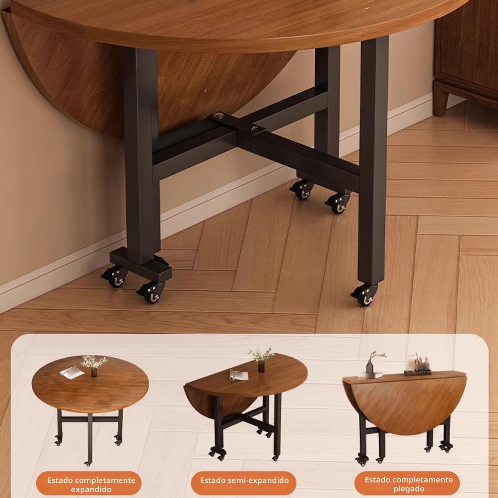 Mesa de Comedor Plegable for Uso doméstico, Mesa de Cocina Extensible con alas abatibles, Mesa de Cocina Redonda Plegable y portátil con 6 Ruedas(Brown,100cm)