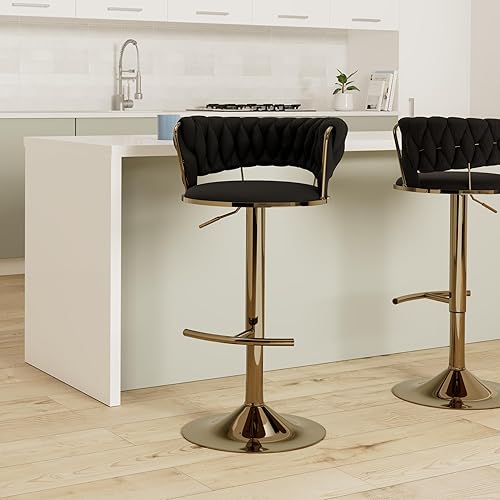 Miniatura 2 de Kiztir Juego de 2 taburetes de bar giratorios de terciopelo, sillas de bar ajustables con respaldo y reposapiés tejidos, taburetes de bar dorados de