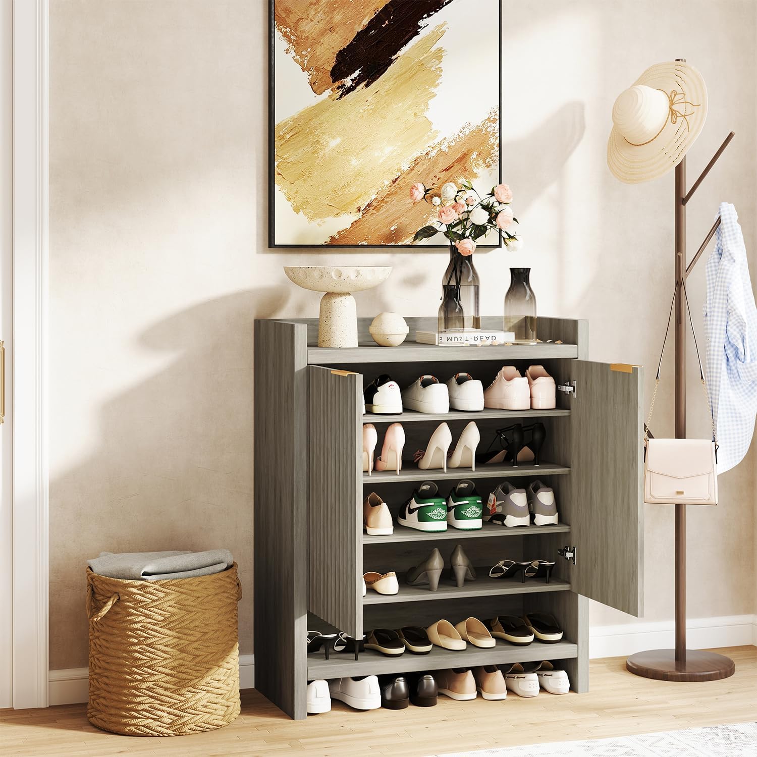 Walsham 33.9" Fluted Shoe Cabinet, 2 Hinge Doors and 5 Shelves, Shoe Storage Organzier Rack with Handle for Entryway Hallway Bedroom Living Room, Grey Oak