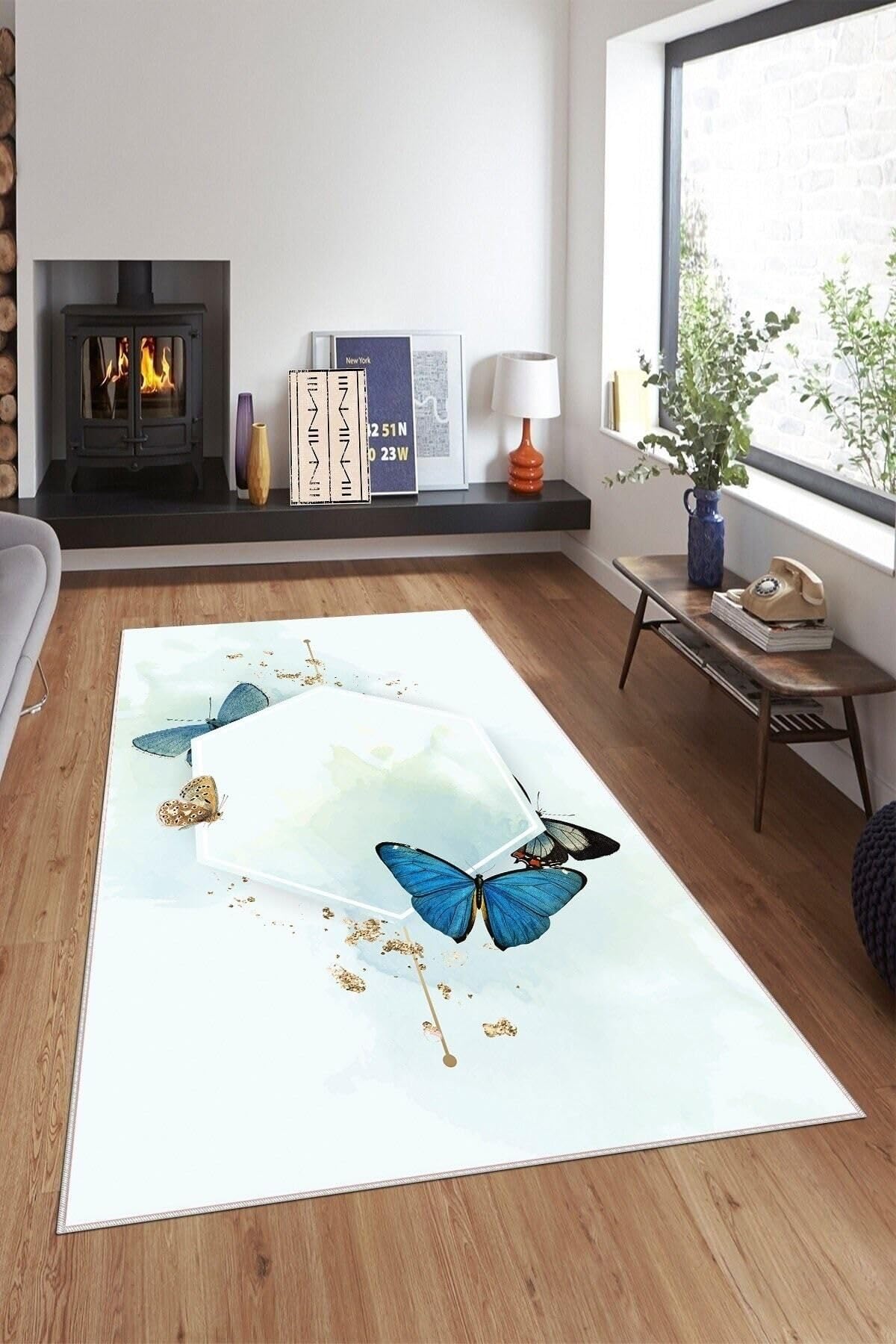 Pelangi Beyaz Zemin Kelebekli Yıkanabilir Kaymaz Taban Leke Tutmaz Modern Salon Halısı Ve Yolluk, Beyaz 40 x 40, 74571090404005