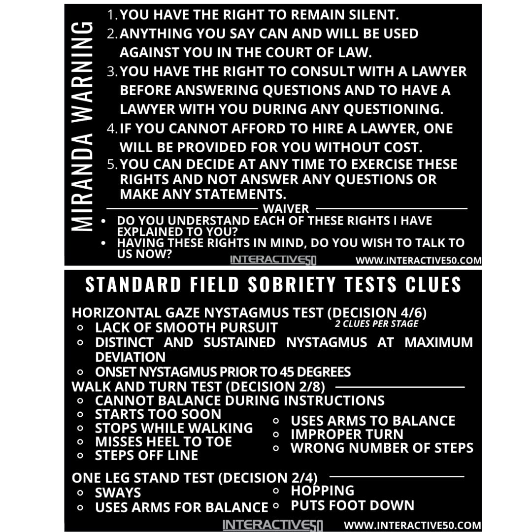 HengulusInteractive 50 Laser Etched Metal Miranda/Standard Field Sobriety Test Clues Card Black