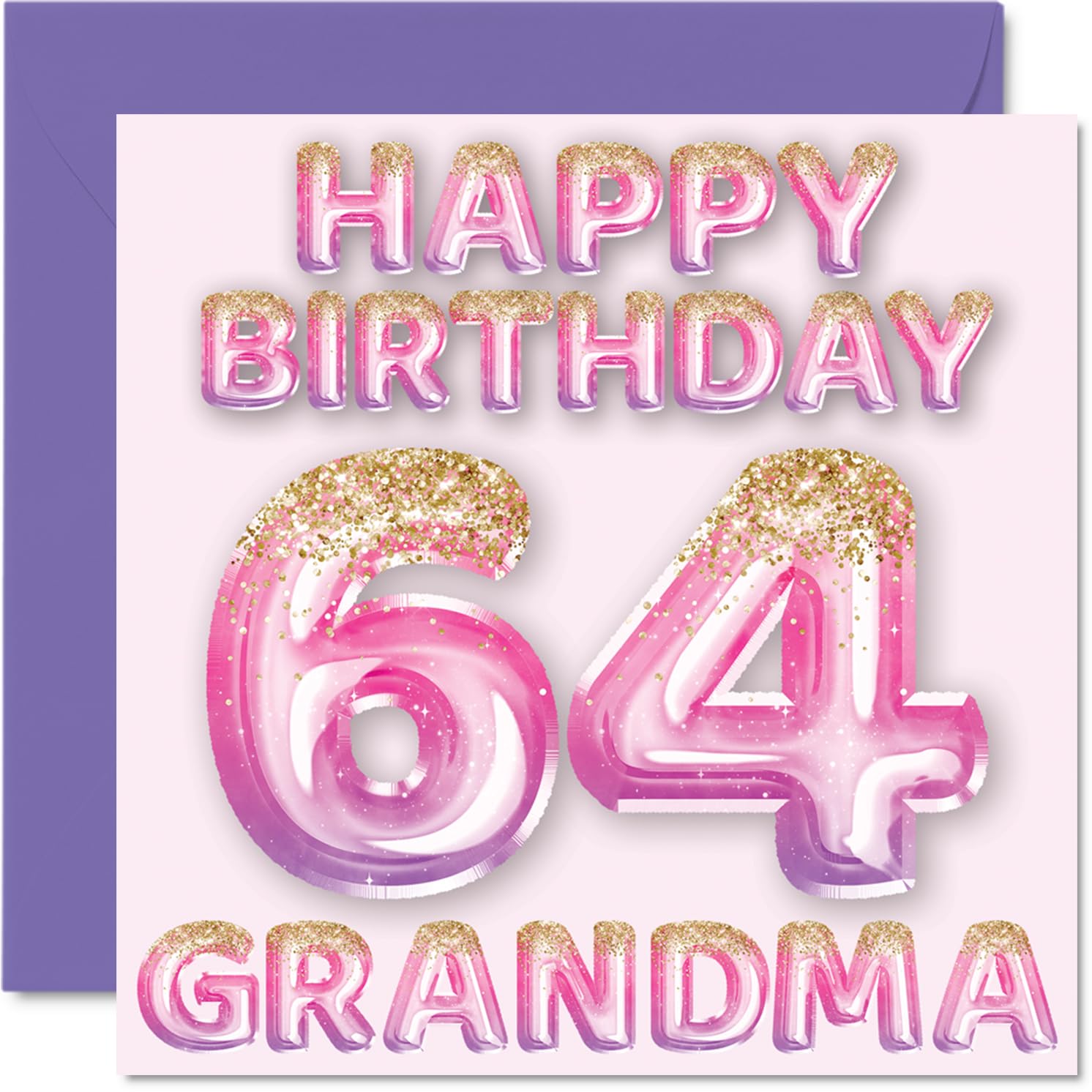 64th Birthday Card for Grandma, Pink & Purple Glitter Balloons