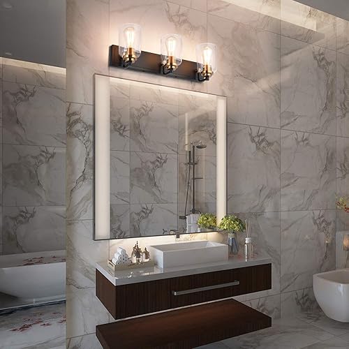 Miniatura 3 de SOLFART Lámpara de tocador de baño con 3 luces para baño, sobre el espejo, lámparas vintage sobre espejo en apliques de pared de latón negro