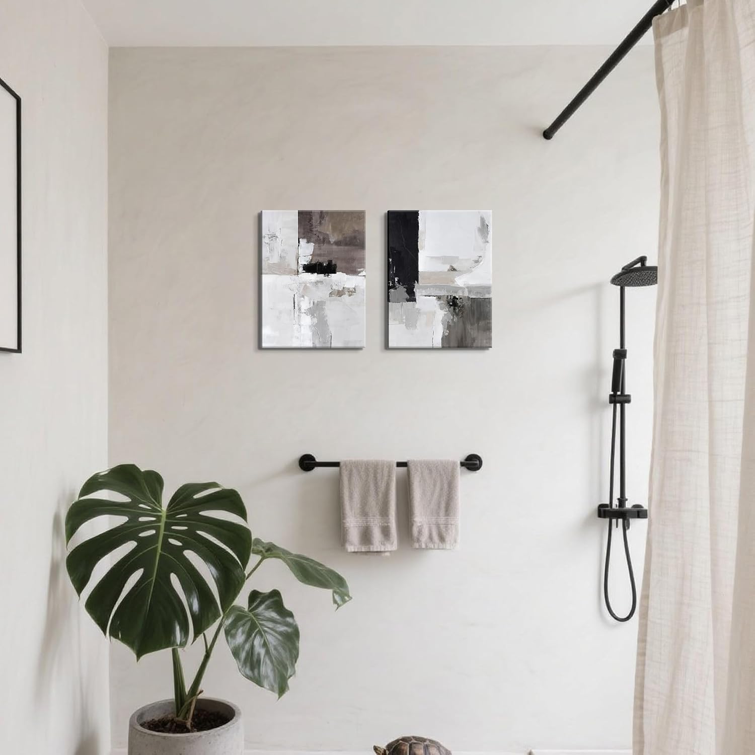 Framed Modern Abstract Wall Art Set of 2, Black White Neutral Minimalist Canvas Prints, Contemporary Industrial Artwork, Light Luxury Wall Decor for Living Room Bedroom Office, 12x16in