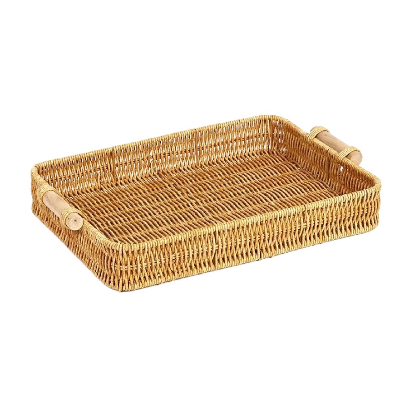 Large Hand-Woven Rattan Serving Tray With Handles, Breakfast Basket - Perfect For Bread, Fruit, Drink for Home(Rectangle)