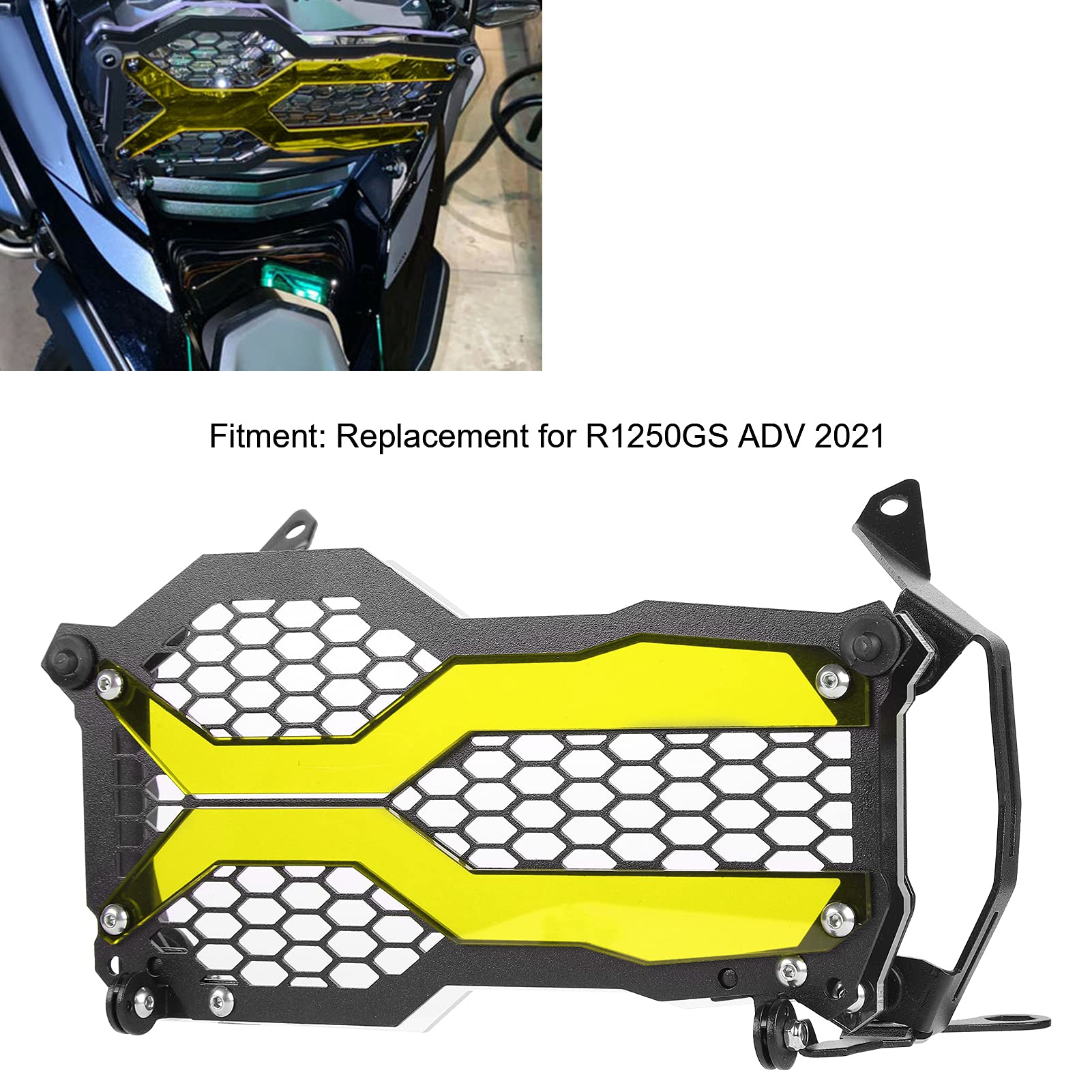 Protezione della luce anteriore, protezione della griglia del faro Sostituzione della guida sicura in acrilico in acciaio inossidabile per R1250GS ADV 2021 per moto(giallo)