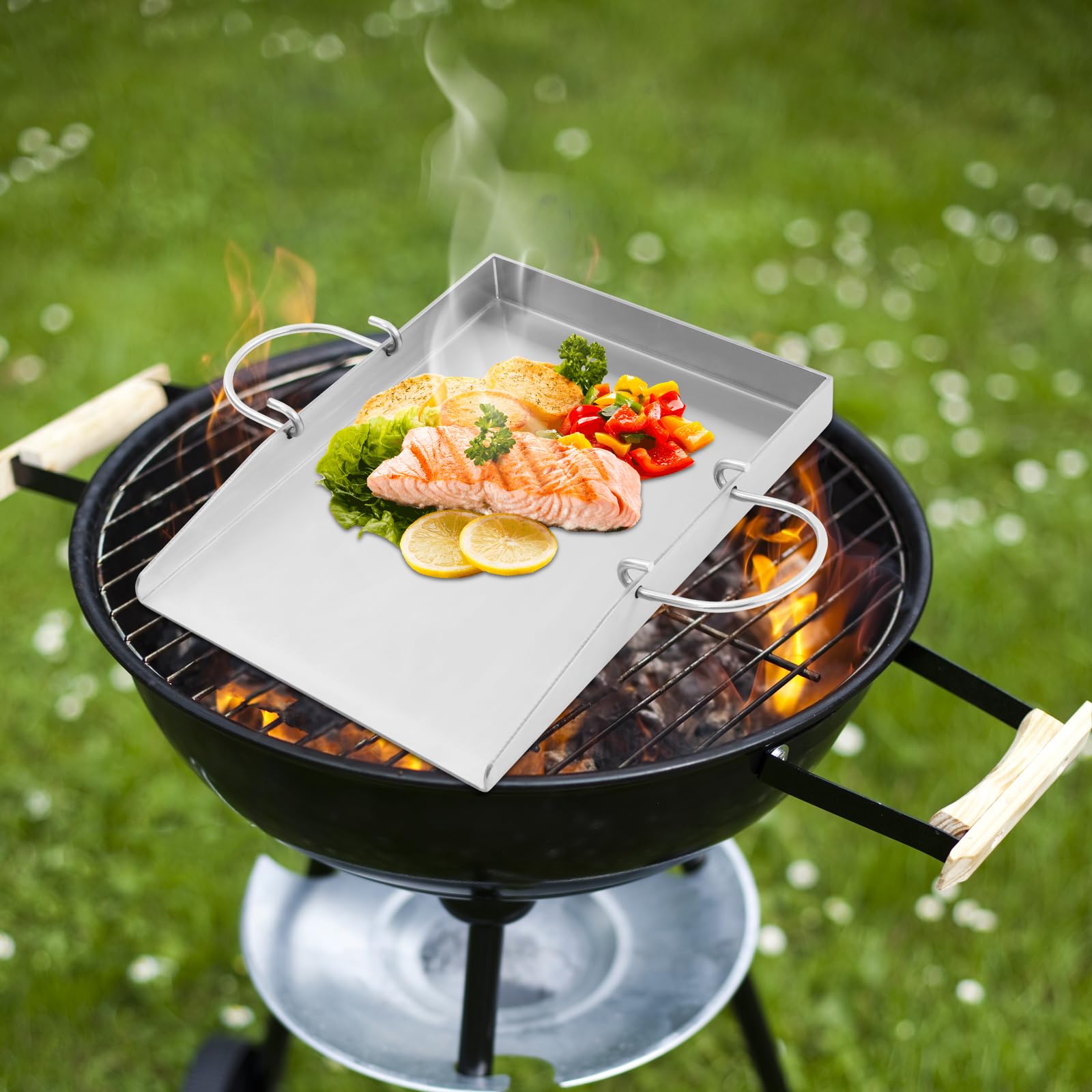 Piastra per barbecue con spatola per barbecue, set con manici rimovibili, 30 x 40 cm, universale, per barbecue Plancha, in acciaio inox, per barbecue a gas e griglia a carbone, massiccia da 4 mm