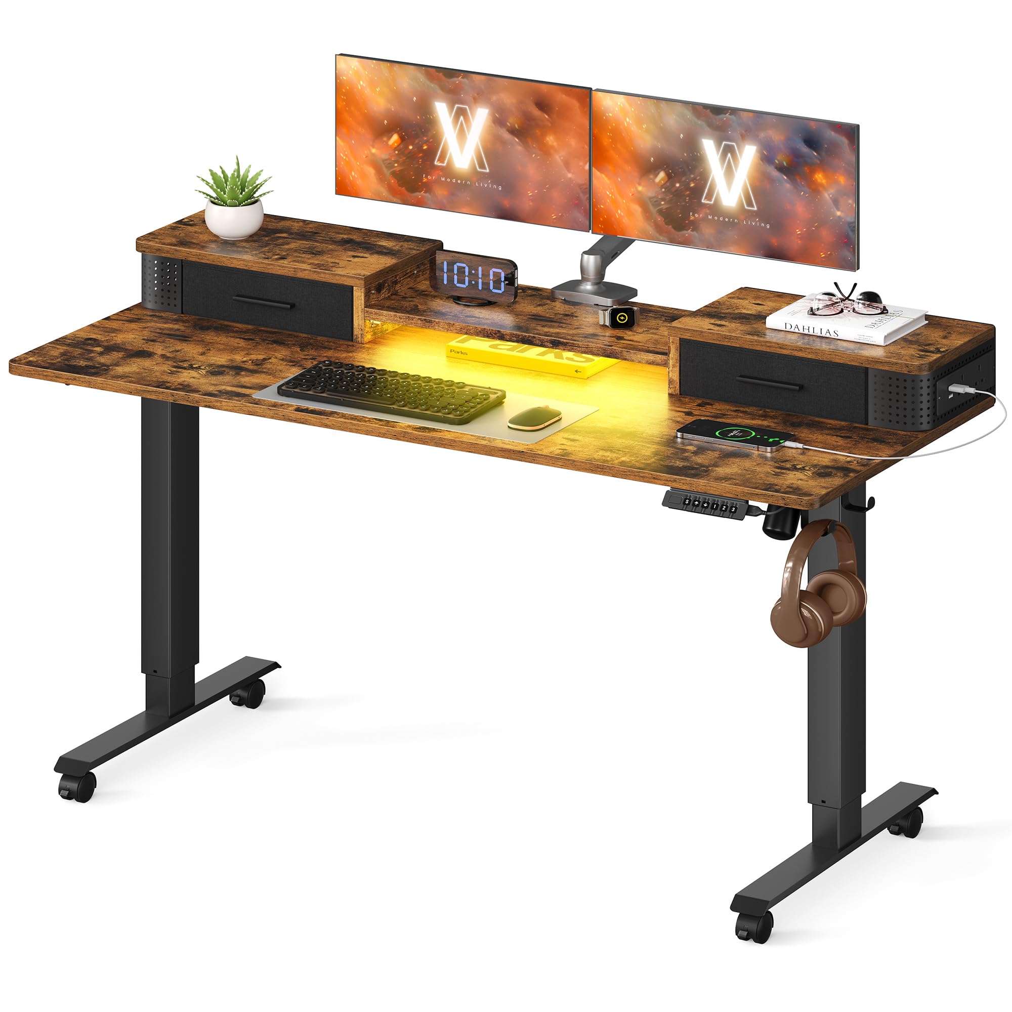 VASAGLEElectric Standing Desk with Built-In Power Strip, 60 x 140 x (72-120) cm, Adjustable Height, Monitor Stand, 2 Hooks and Drawers, Memory Function, Rustic Brown LSD184X11The Forest Stewardship Council