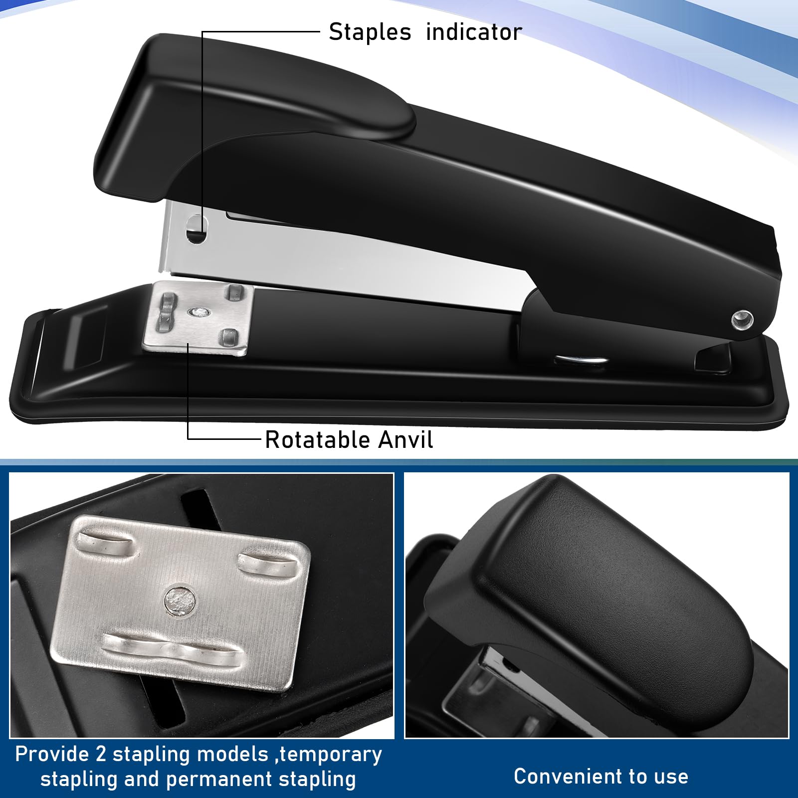 Thenshop Set di cucitrici da scrivania, dispenser per nastro adesivo nero, per scrivania e ufficio, con 6000 punti metallici standard, supporto per nastro nero, dispenser di nastro da scrivania con 6
