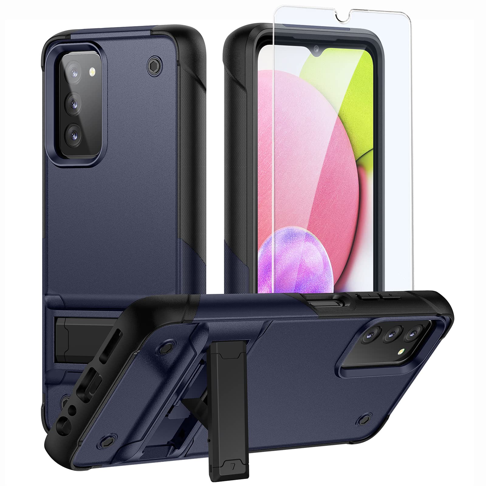 YZOK for Galaxy A03S Phone Case,Samsung A03S Case with Tempered Glass Screen Protector,[Military Grade] Kickstand Hybrid Shockproof Protective Case for Samsung A03S, Navy Black
