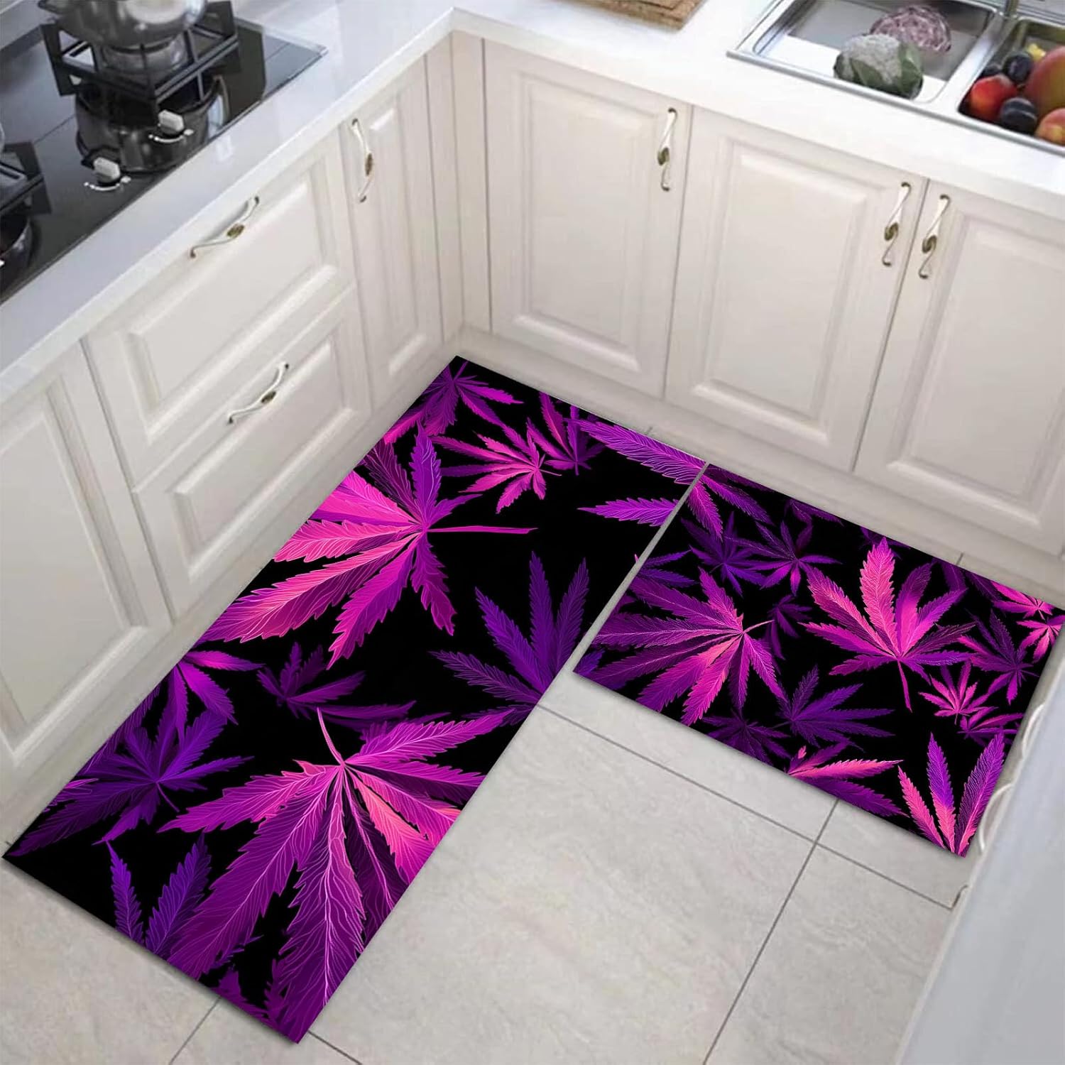 Natural Cannabis Leaf Kitchen Rug Sets 2 Pieces, Psychedelic Plant Washable Kitchen Mats for Floor, Non Slip Soft Area Rug for Laundry Room Hallway (Violet, 20″X30″+20″X59″)