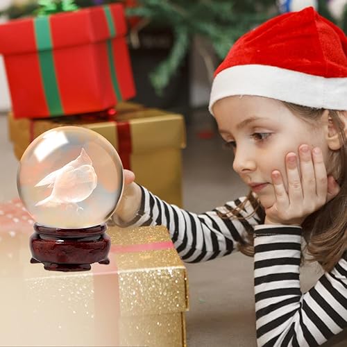 Miniatura 2 de Bola de cristal de pájaro cardenal 3D de 2.4 pulgadas (2.362 in) con soporte de madera decorativo para bola decorativa del hogar, pisapapeles