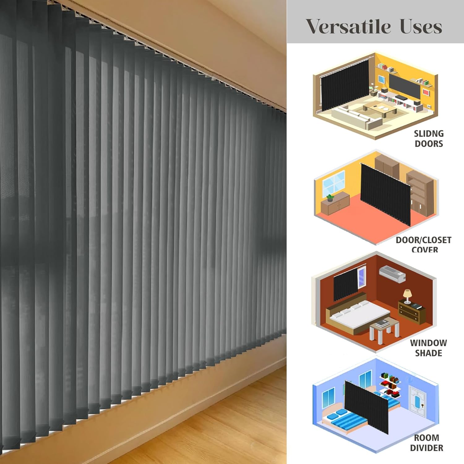 Cordless Custom No Drill Vertical Blinds for Home, Room Divider, Sliding Glass Doors, Temporary Wall, Closet Curtain, Privacy and Filter Light, Woven Dark Grey