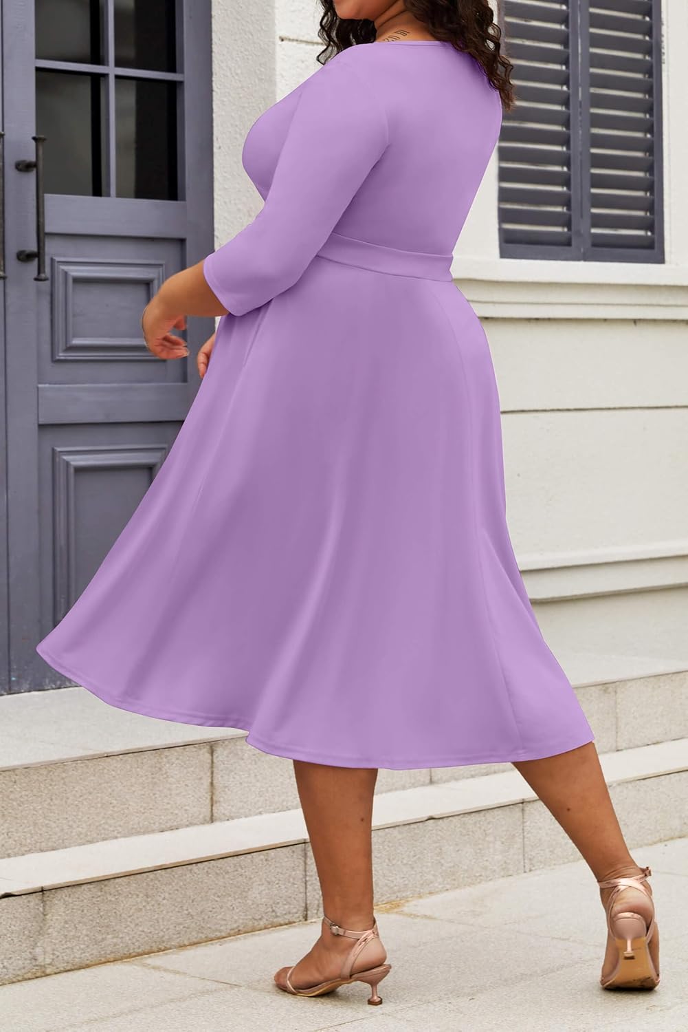 CLOCOR Women's Plus Size Midi Dress 3/4 Sleeve A-Line Swing Dress V Neck Flowy Casual Dresses - Image 4