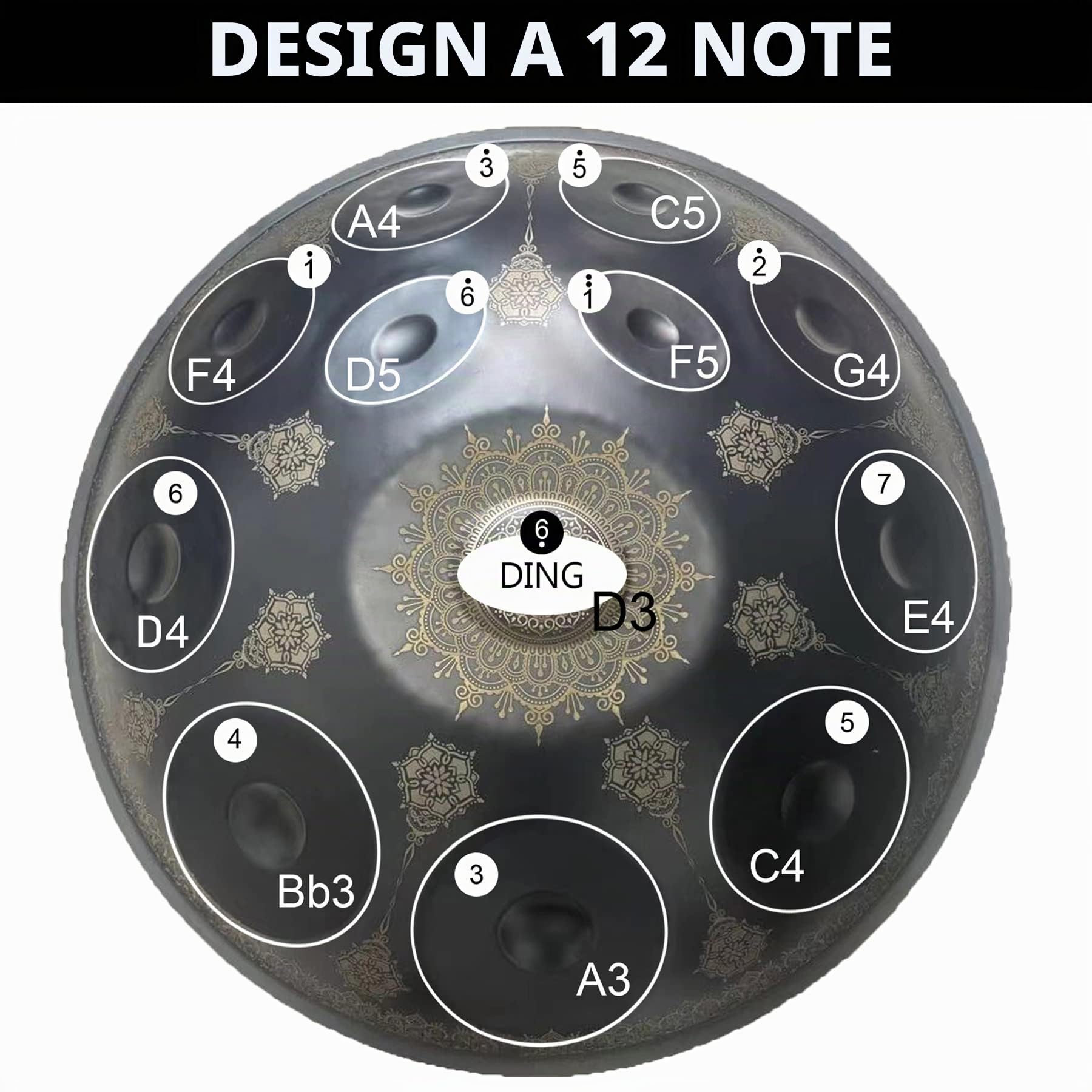 12 note Handpan da 22 pollici, re minore 432 Hz strumento a percussione tamburo d'acciaio, performance musicale mandala strumento musicale curativo fatto a mano regalo nero