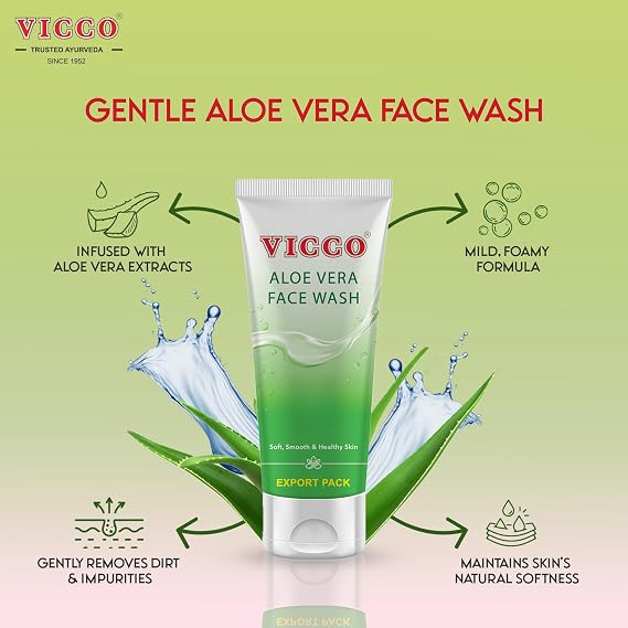 Vicco Aloe Vera Face Wash with Natural Aloe Extracts 5.29 oz, Gentle Daily Cleanser for All Skin Types (Pack of 1)