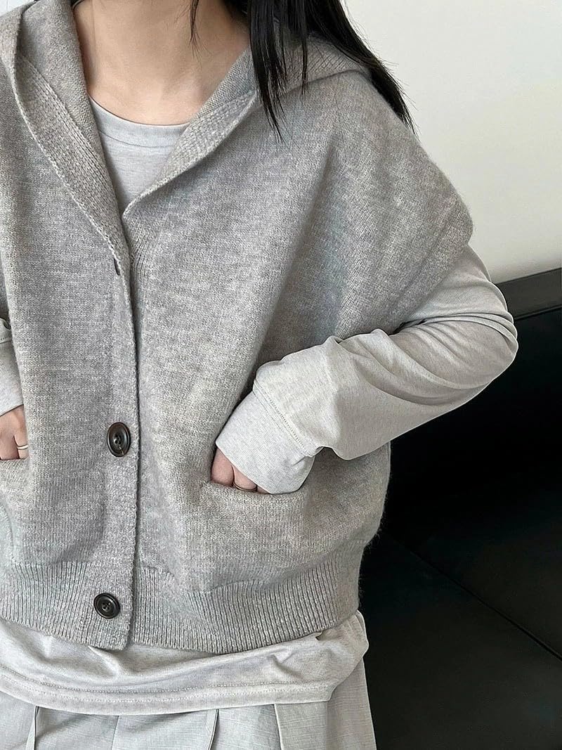 [wztxzsd] 羽織るだけでお洒落！前開きニットジレ フード付きベスト レディース 秋冬 ゆったりVネック 無地 重ねやすい ラ