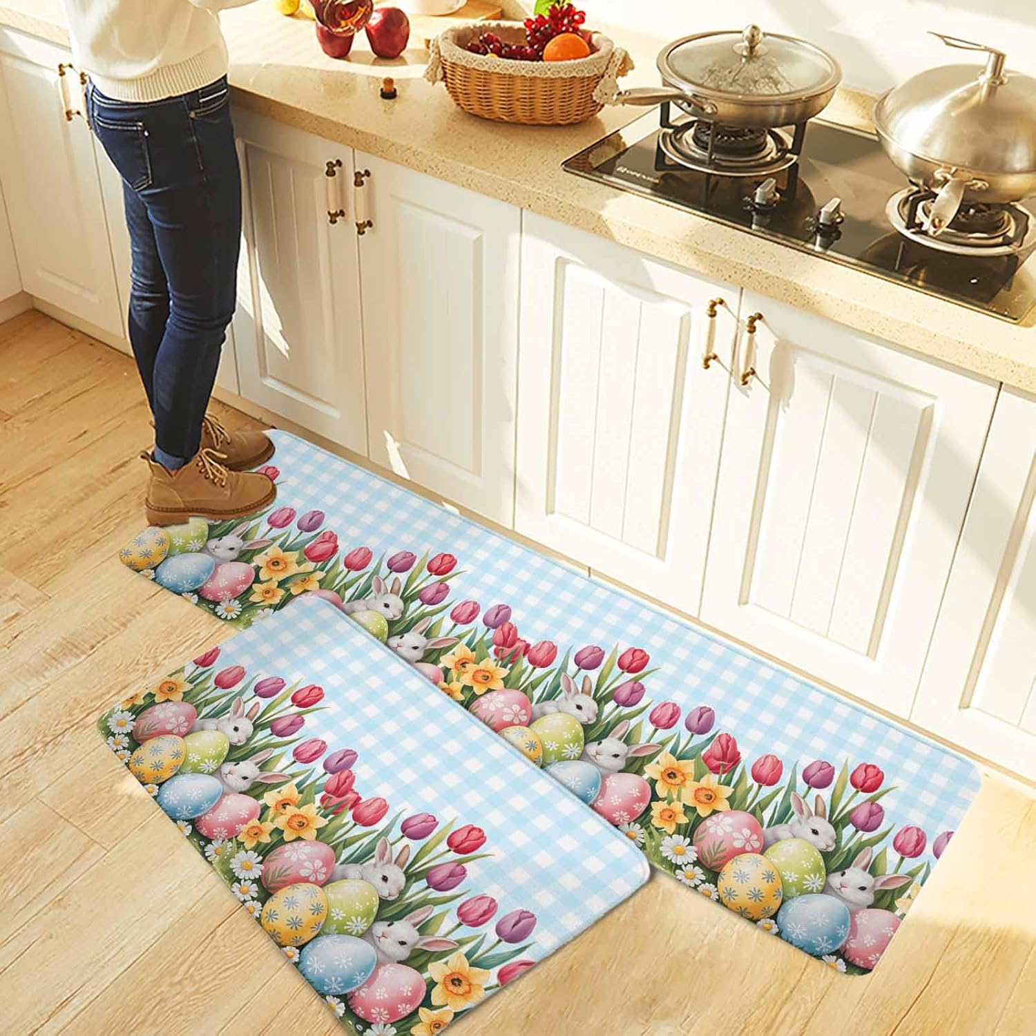 Easter Kitchen Rugs and Mats Set of 2, Non-Slip Kitchen Sink Mat, Spring Bunny Colorful Eggs Tulip Flowers Blue Check Washable Doormat Bathroom Rugs Runner for Bedroom 17.7"x30"+17.7"x47.2"