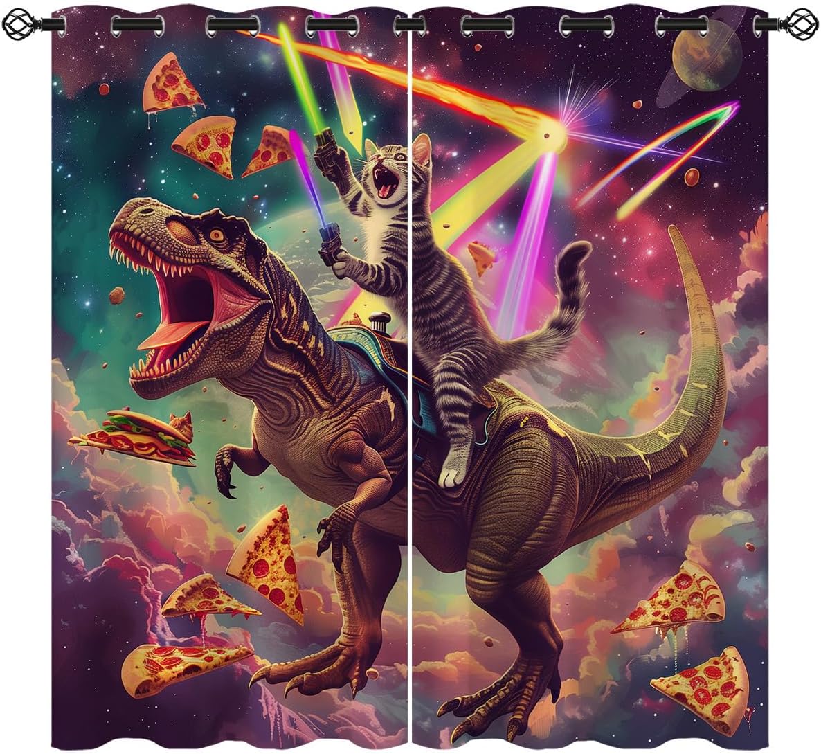 Funny Cat Blackout Curtains for Girls Boy Home Decor, Cool Dinosaur Fantasy Pizza Hilarious Grommet Thermal Insulated Drapes Darkening Window Curtain for Bedroom Living Room, 42 x 45 Inch