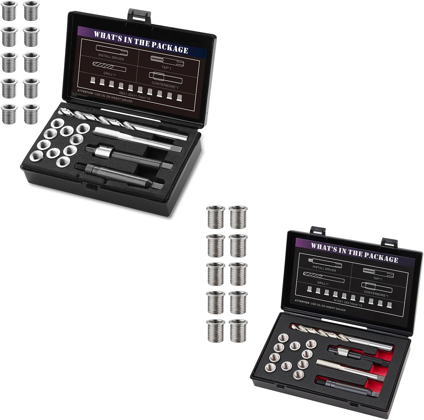 M8x1.25 Thread Repair Kit with 11.7mm Insert and SENNMONN M10X1.25 Thread Repair Kit with 14mm Insert