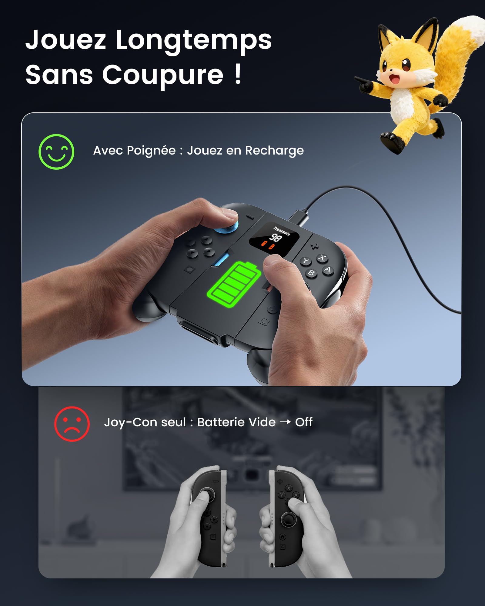 TRANSNOVO Poignée de Charge Joy Con 2 Compatible avec Switch 2 Manettes, Support de Recharge Magnétique avec Câble, Indicateur LED, Prise Ergonomique Antidérapante (Noir, 1400 mAh)