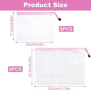 16 Pcs A4 A5 Plastic Zip Wallets, Document Folders, Zipper Pencil Cases | Waterproof Zip Lock Bags for Office Supplies, School, Travel & Craft (8 Colors)