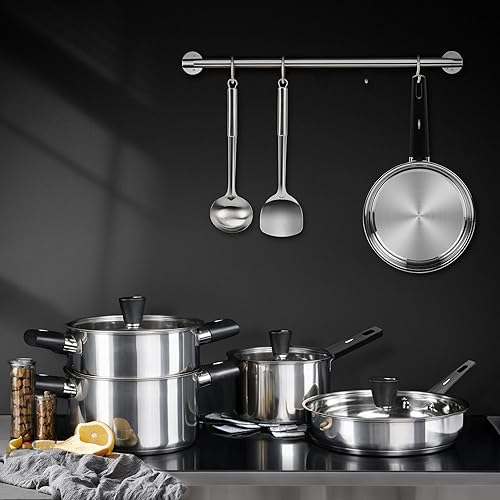 Miniatura 7 de Juego de ollas y sartenes de acero inoxidable de 14 piezas, juego de utensilios de cocina con mango que se mantiene fresco, ollas y sartenes de