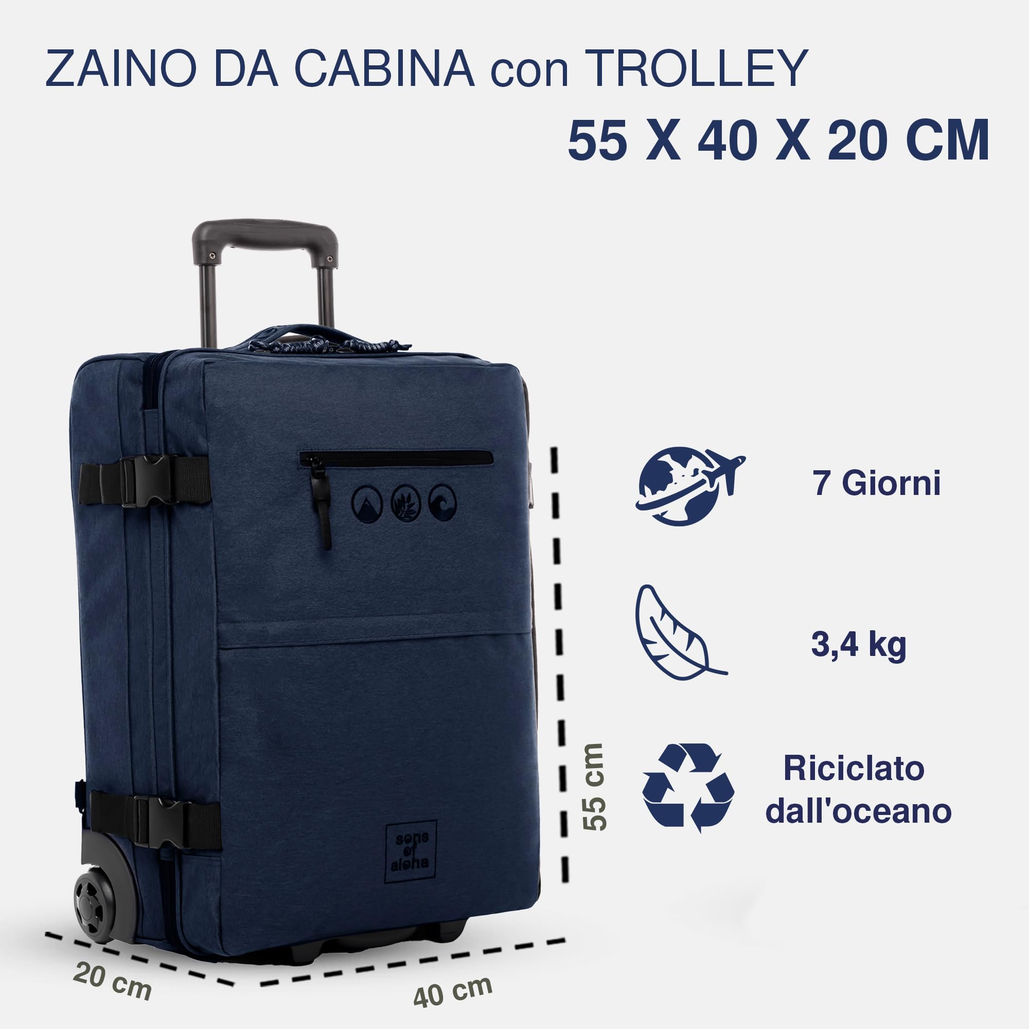 SONS OF ALOHA Valise Cabine et Sac à Dos Kane 2-en-1 Sac à Dos Trolley Cabine - Pet recyclé, Hydrofuge - Bagage d'embarquement Hybride à roulettes 50 x 40 x 20 cm