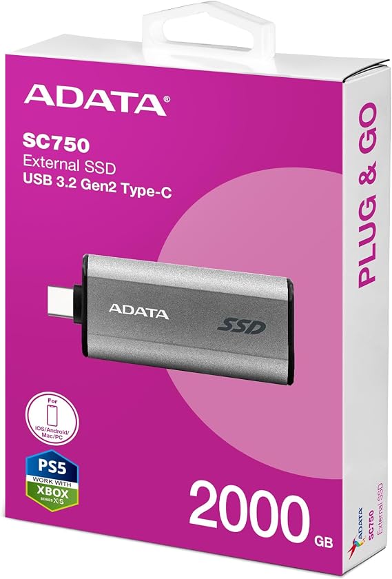 ADATA SC750 2TB Harici SSD – USB 3.2 Gen2, 1050MB/s Okuma, 1000MB/s Yazma, Taşınabilir