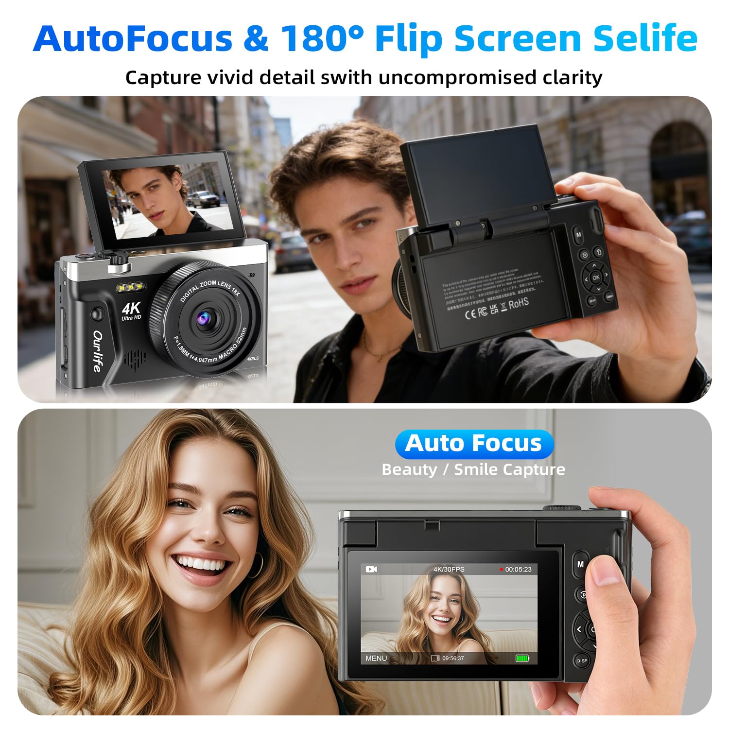 Ourlife Appareil Photo Numérique 4K 75MP pour la Photographie avec Trépied