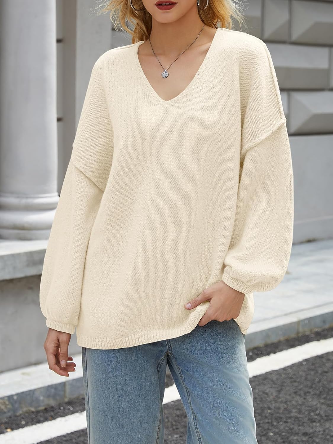 UNCLECAT Womens Oversized V Neck Sweaters Chunky Knit Long Lantern Sleeve Fall Winter Slouchy Tunic Casual Sweater Tops 2025 - Image 2