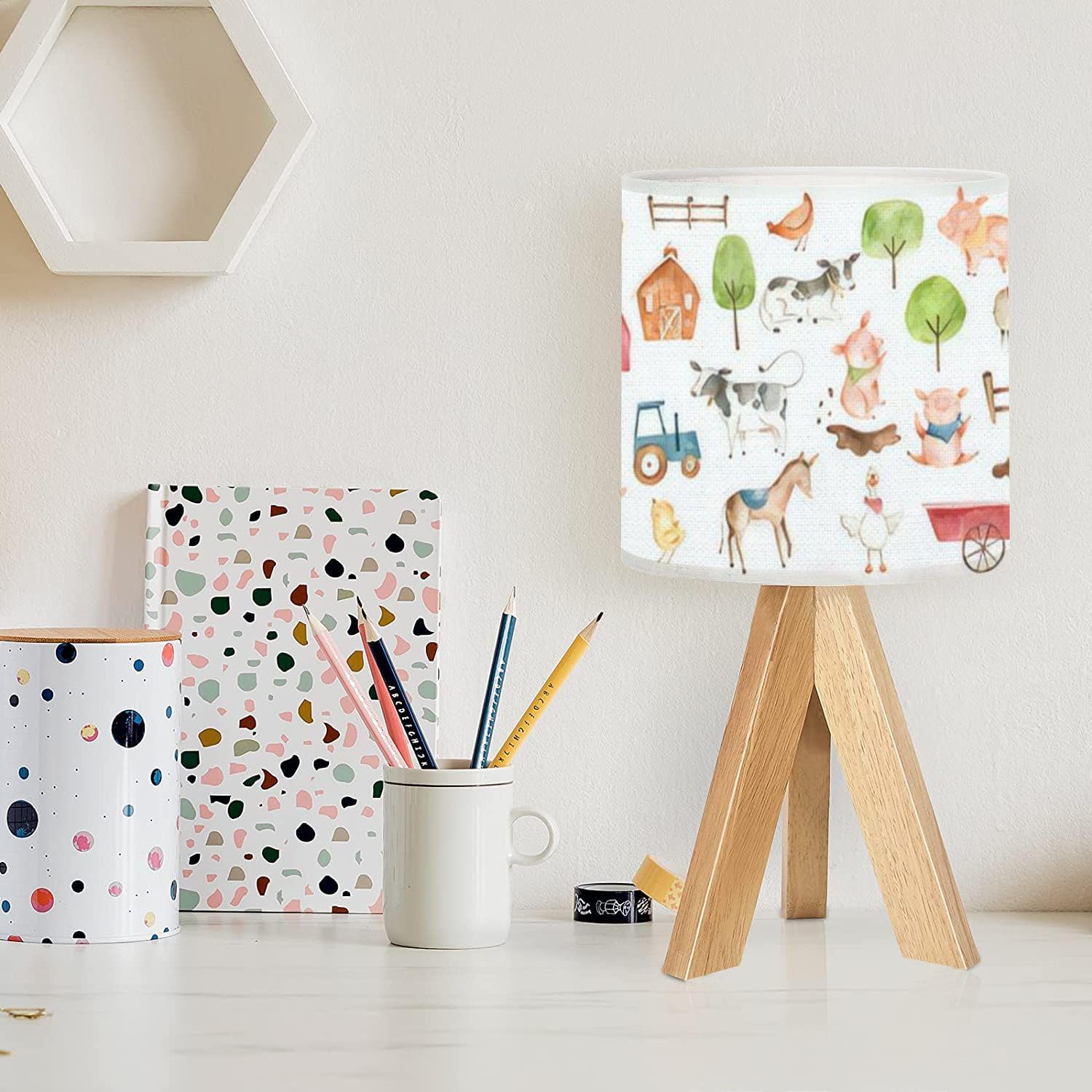 OEPWQIWEPZ Tripod Bedside Desk Table Lamp Watercolor Farm Animals Hen Cow Horse Chicken red Green Blue for Baby Wood Nightstand Lamp with Linen Fabric Shade for Nursery Bedroom Living Room Kids Room