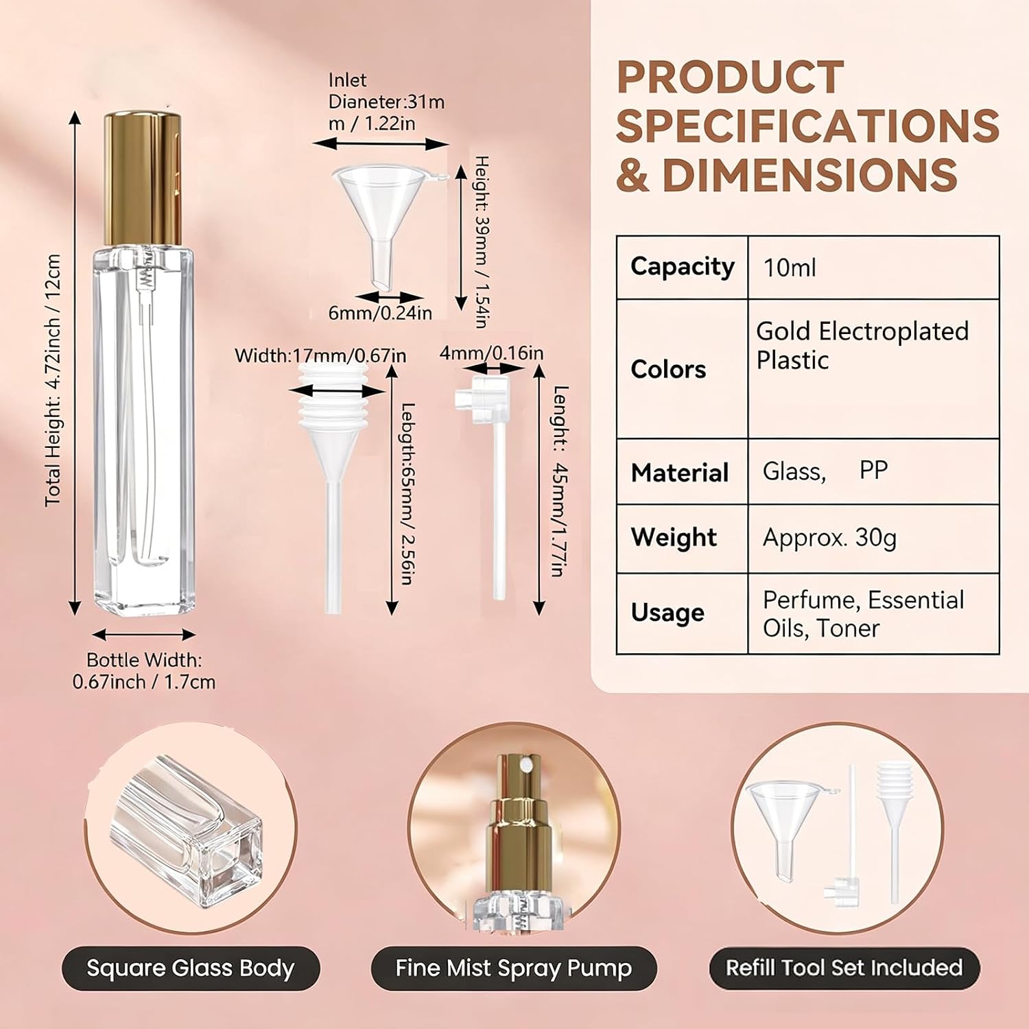 5 Pack 10ml Gold Square Glass Perfume Fine Mist Spray Bottles